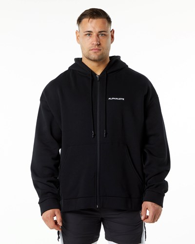 Black Alphalete Brushed Fleece Full-Zip Hoodie | 07924-XGIE