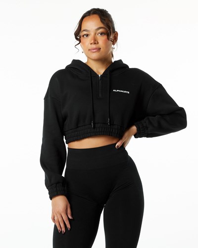 Black Alphalete Brushed Fleece Half-Zip Crop Hoodie | 45923-JOXT
