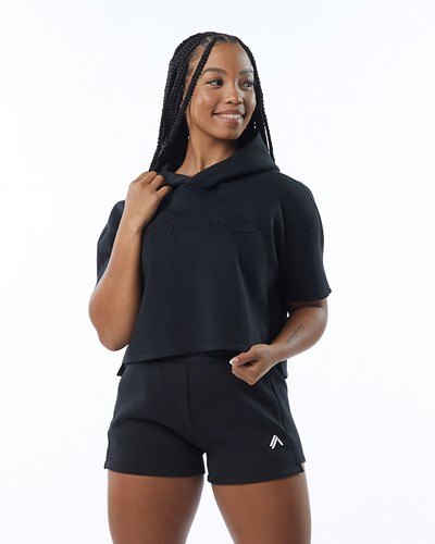 Black Alphalete Interlock Knit Crop Hoodie | 32195-ZPHU