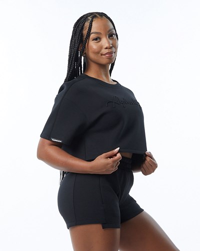 Black Alphalete Interlock Knit Crop Pullover | 10867-GZOD