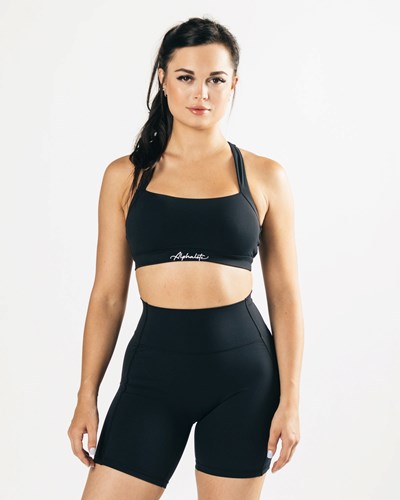 Black Alphalete Medium-Support Racer Back Sports Bra | 79810-VQXG