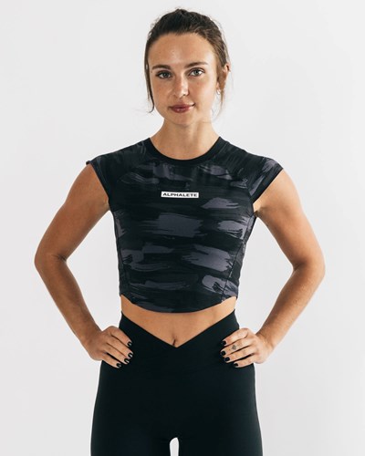 Black Canvas Camo Alphalete High Performance Short Sleeve Crop Tee | 95431-PVKN