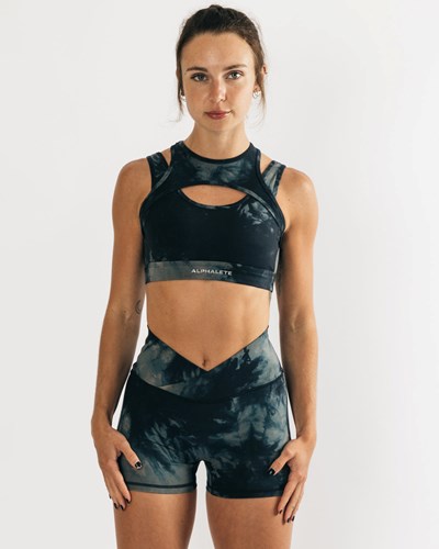Black Oil Stain Alphalete Medium Impact Bra | 64250-NUPJ