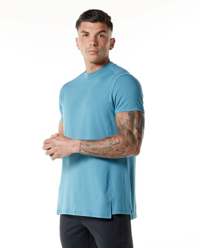 Blue Lagoon Alphalete High-Neck Premium Short Sleeve Tee | 72138-ZAMQ