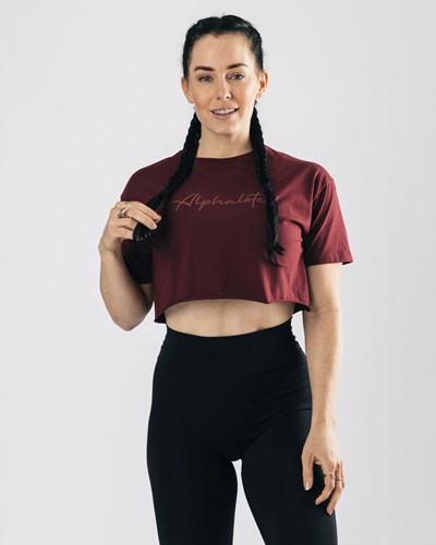 Burgundy Alphalete Oversized Raw-Cut Short Sleeve Crop | 30789-ZQYR