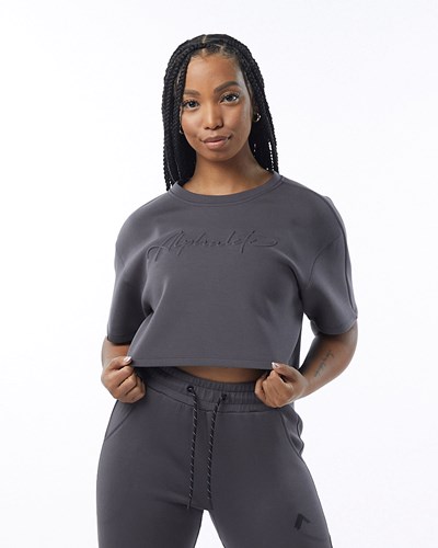 Charcoal Alphalete Interlock Knit Crop Pullover | 41085-SIUC