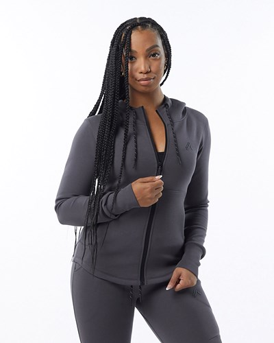 Charcoal Alphalete Interlock Knit Full-Zip Hoodie | 25917-CXJM