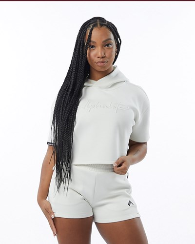 Cream Alphalete Interlock Knit Crop Hoodie | 38726-QCOV