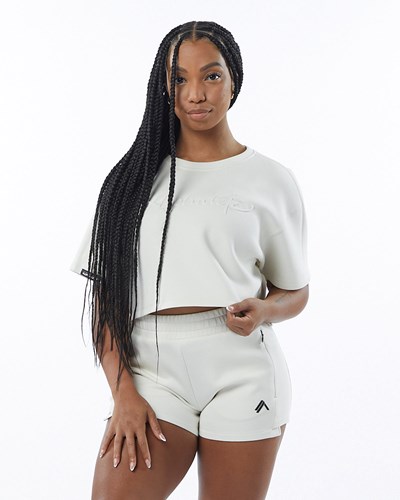 Cream Alphalete Interlock Knit Crop Pullover | 50932-JVHZ