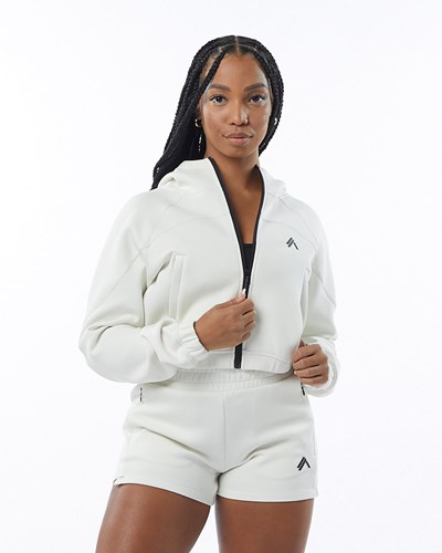 Cream Alphalete Interlock Knit Crop-Zip Hoodie | 39012-VMCL