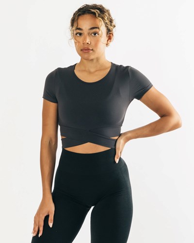 Dark Grey Alphalete Fitted Short Sleeve Tie Top | 12308-EDGC