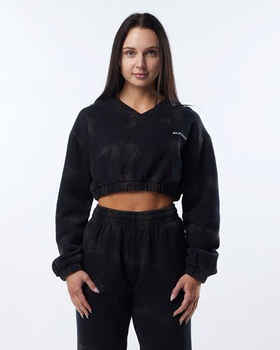 Faded Black Alphalete Washed V-Neck Fleece Sweater | 40639-RJNT