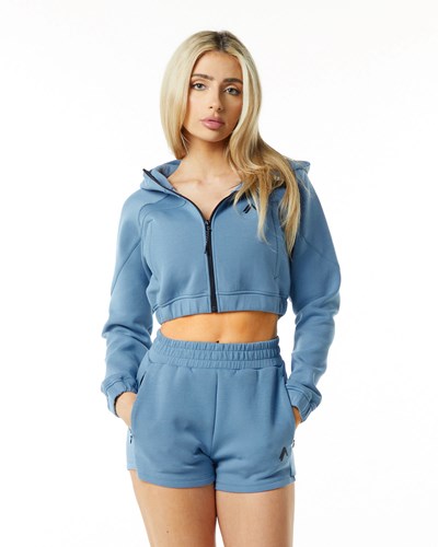 Fog Blue Alphalete Interlock Knit Crop-Zip Hoodie | 12967-HTDQ