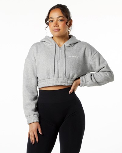 Heather Grey Alphalete Brushed Fleece Half-Zip Crop Hoodie | 43926-XSCT
