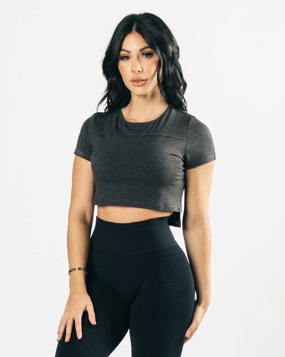 Marled Black Alphalete Cropped Premium Short Sleeve | 57961-WNIU