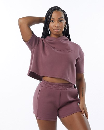 Mauve Alphalete Interlock Knit Crop Hoodie | 65802-UWHI