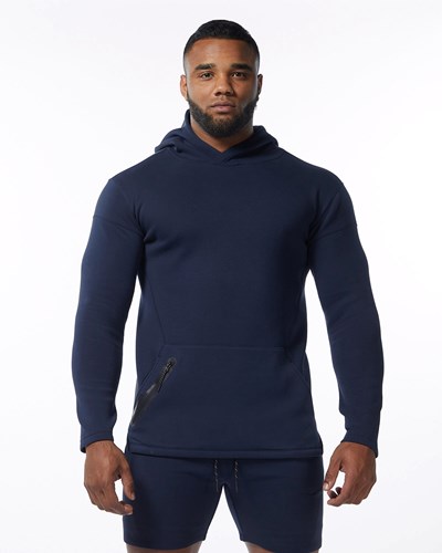 Navy Alphalete Fitted Interlock Knit Hoodie | 18027-QDGA
