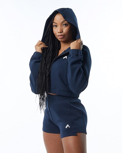 Navy Alphalete Interlock Knit Crop-Zip Hoodie | 31867-XRHO