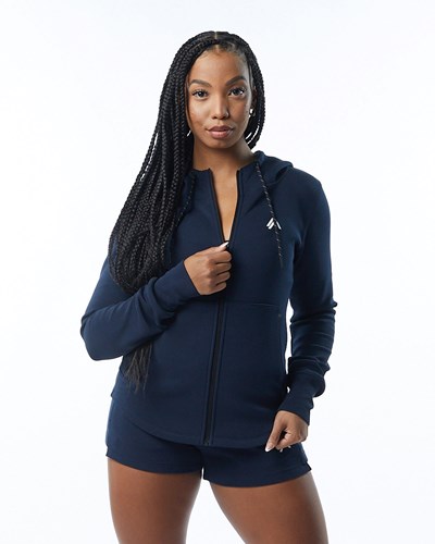 Navy Alphalete Interlock Knit Full-Zip Hoodie | 63972-NZSA