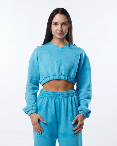 Ocean Alphalete Washed V-Neck Fleece Sweater | 45710-RHAQ