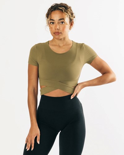 Olive Alphalete Fitted Short Sleeve Tie Top | 25964-ZEGQ