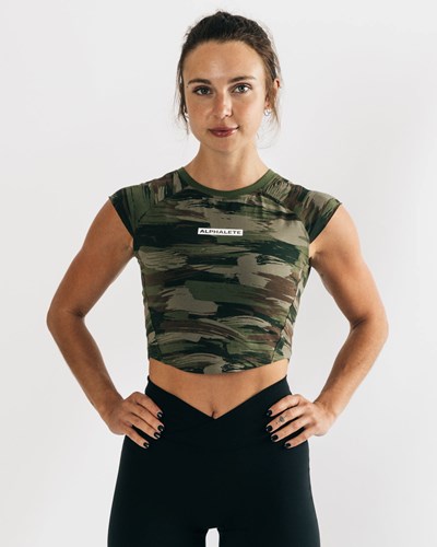 Olive Canvas Camo Alphalete High Performance Short Sleeve Crop Tee | 59380-GMQU