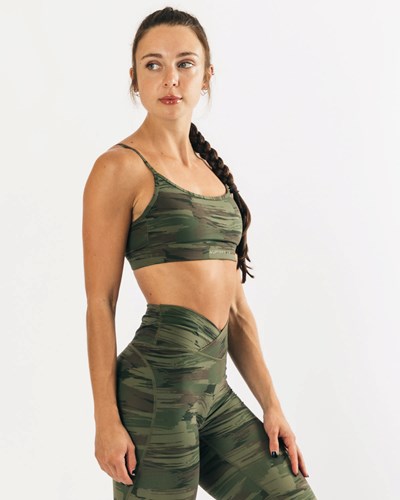 Olive Canvas Camo Alphalete Medium Impact Bra | 56370-ZIRM
