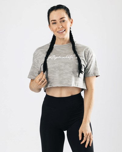 Silver Camo Alphalete Oversized Raw-Cut Short Sleeve Crop | 57391-IFCG