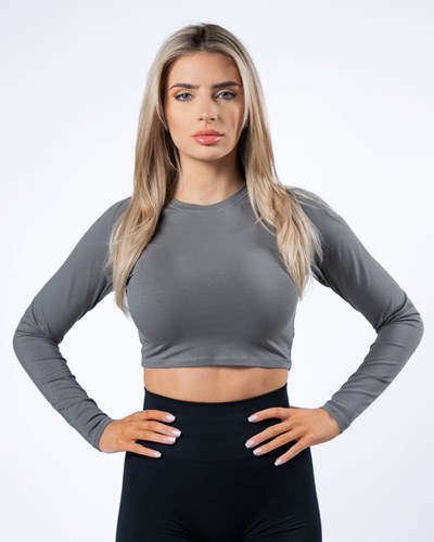 Stone Grey Alphalete Cropped Premium Long Sleeve | 23647-JZMN