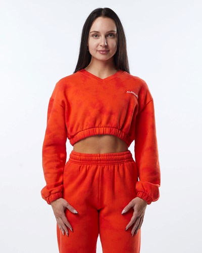 Strawberry Alphalete Washed V-Neck Fleece Sweater | 96078-GVMP