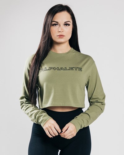 Tactical Green Alphalete Oversized Performance Long Sleeve Crop | 80957-OLIF