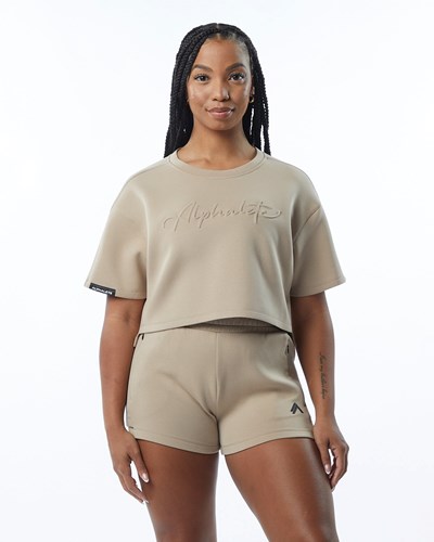 Tan Alphalete Interlock Knit Crop Pullover | 96127-LBKZ
