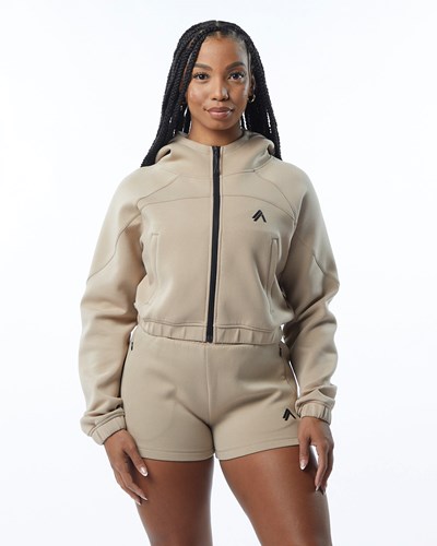 Tan Alphalete Interlock Knit Crop-Zip Hoodie | 30297-QXVL