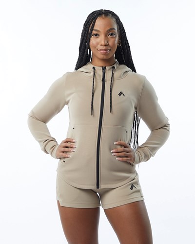 Tan Alphalete Interlock Knit Full-Zip Hoodie | 52160-COUL