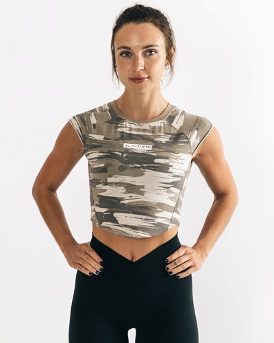 Tan Canvas Camo Alphalete High Performance Short Sleeve Crop Tee | 68570-IVAJ