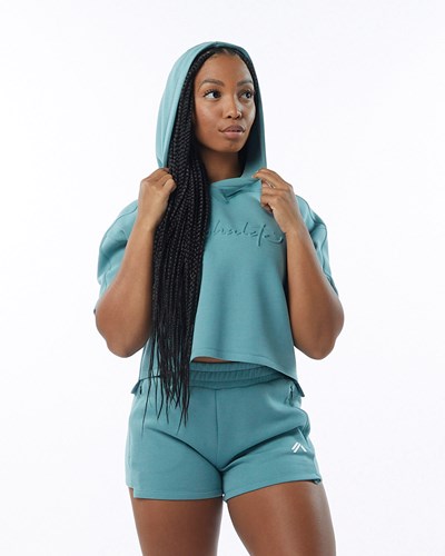 Teal Alphalete Interlock Knit Crop Hoodie | 58017-NWPM
