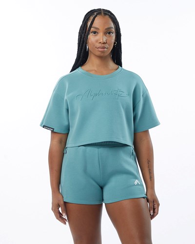 Teal Alphalete Interlock Knit Crop Pullover | 30419-TZHQ