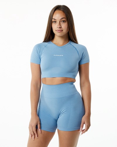 Washed Denim Alphalete Cropped Seamless Short Sleeve | 20473-RWFM