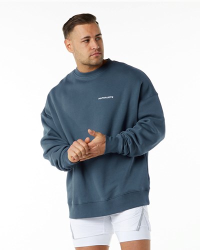 Whale Blue Alphalete Brushed Fleece Crewneck Sweater | 86403-ZQHX