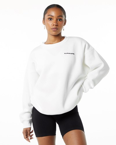 White Alphalete Brushed Fleece Crewneck Sweater | 43728-RCXS