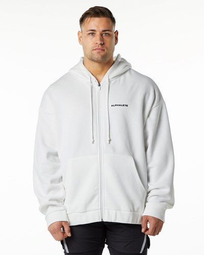 White Alphalete Brushed Fleece Full-Zip Hoodie | 21849-GYNB