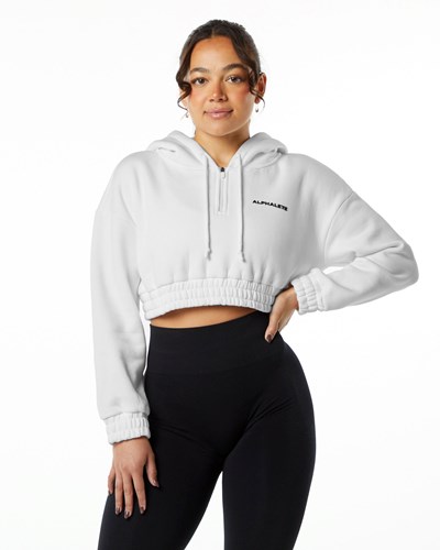 White Alphalete Brushed Fleece Half-Zip Crop Hoodie | 42361-OBFD