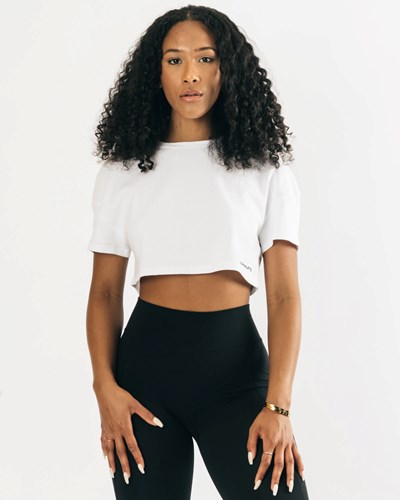 White Alphalete Heavy Cotton Dropped Shoulder Crop | 31628-VYCF