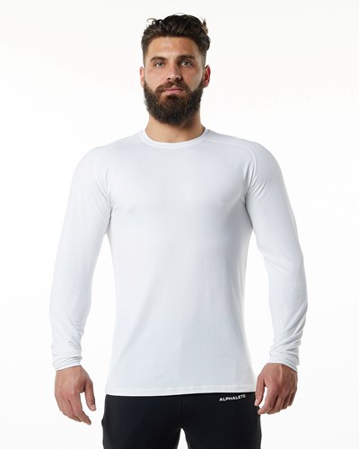 White Alphalete Premium Epaulette Long Sleeve Tee | 51983-CAFV